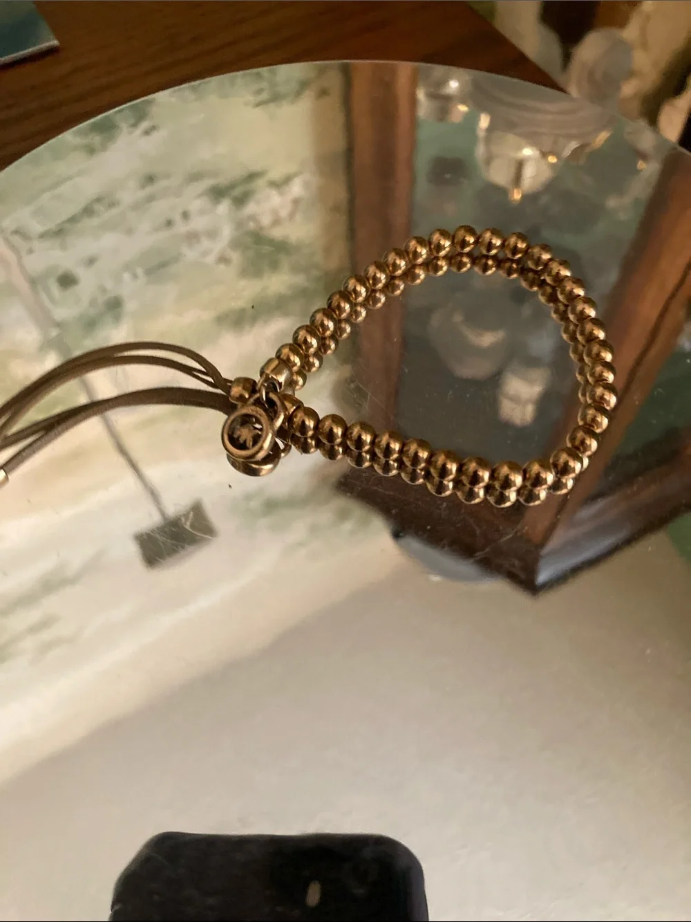 Michael Kors Gold-Tone Beaded Slider Bracelet with Logo Charm w/Leather Pull